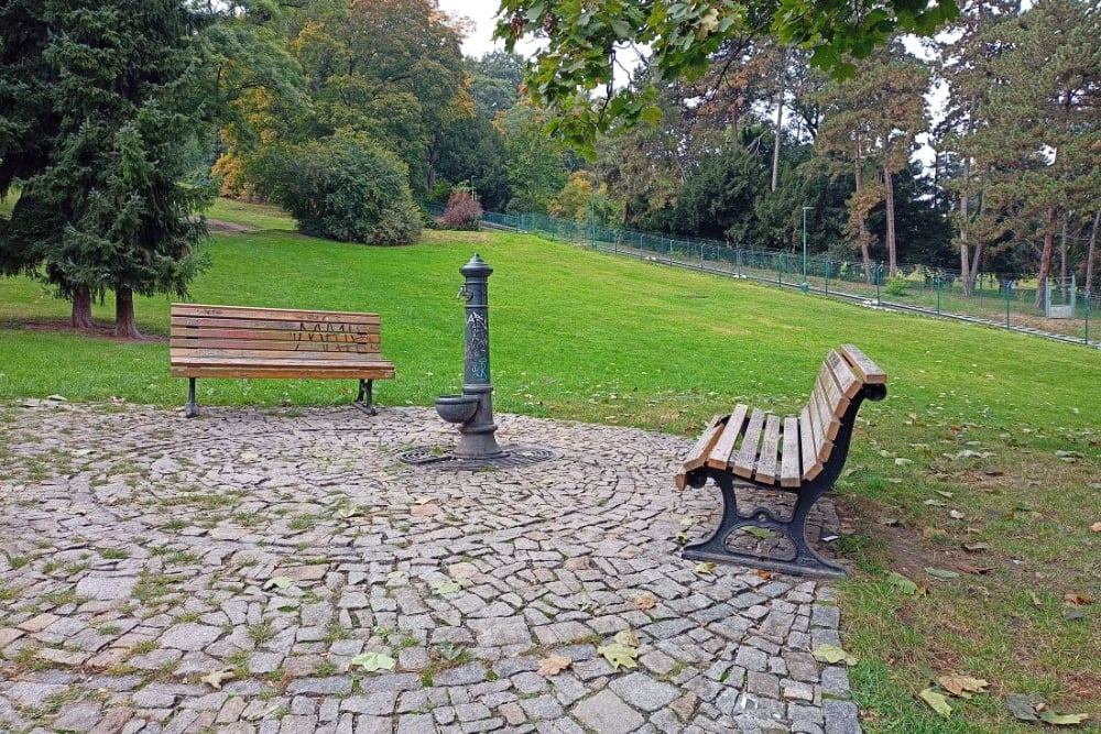 Fotografie: lavičky a pítko na dlážděné ploše v parku.