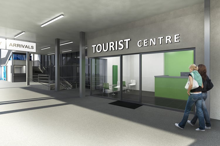 Vizualizace recepce Tourist Centre s nápisem Arrivals a prosklenou přepážkou.