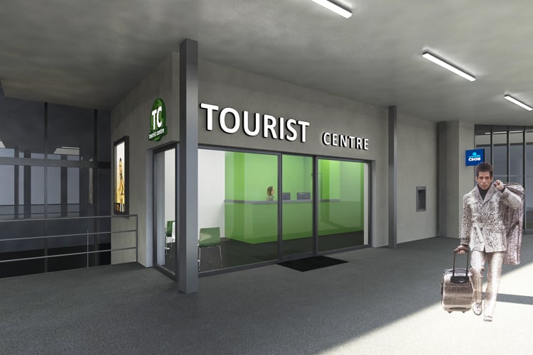 Vizualizace vstupu do recepce Tourist Centre s logem TC.
