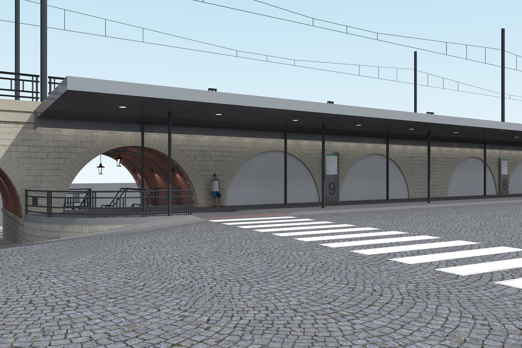 Vizualizace krytého nástupiště pod obloukovým viaduktem s přechodem pro chodce.